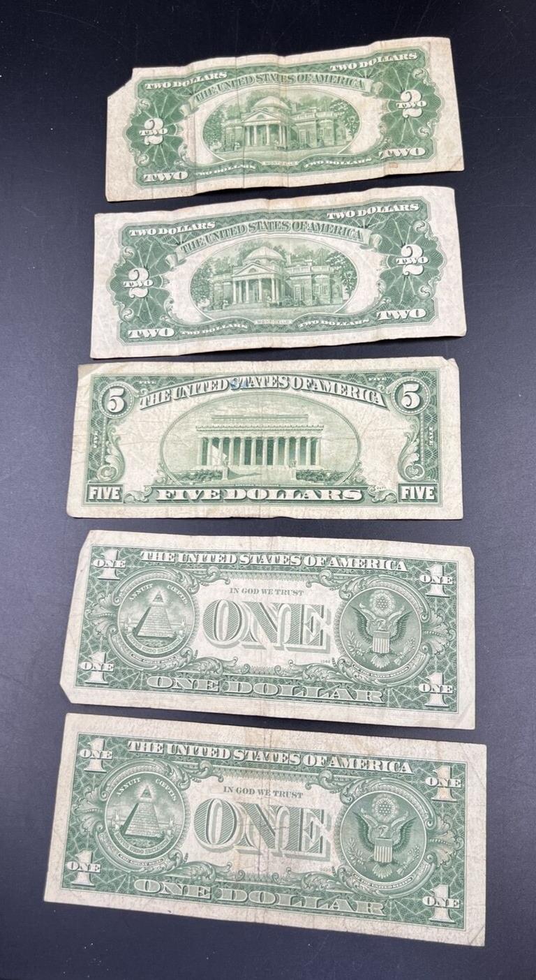 Estate Currency Lot 1953 $2 Red Seal 1953 $5 Blue Seal & 1963 $1 Barr Notes Circ