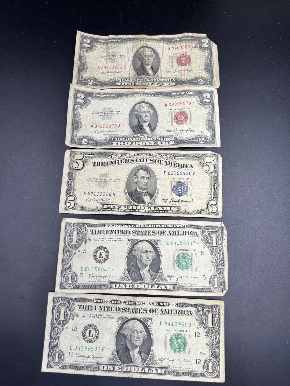 Estate Currency Lot 1953 $2 Red Seal 1953 $5 Blue Seal & 1963 $1 Barr Notes Circ