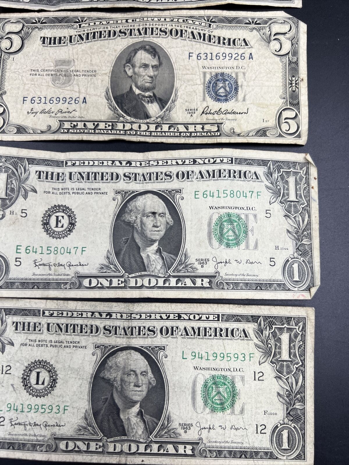 Estate Currency Lot 1953 $2 Red Seal 1953 $5 Blue Seal & 1963 $1 Barr Notes Circ