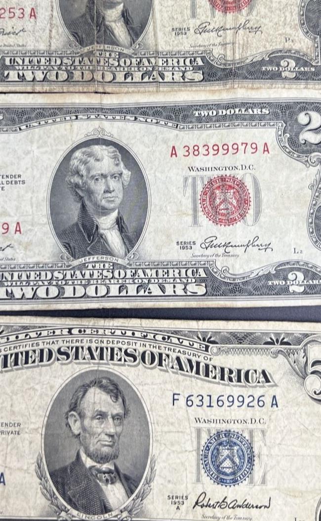 Estate Currency Lot 1953 $2 Red Seal 1953 $5 Blue Seal & 1963 $1 Barr Notes Circ