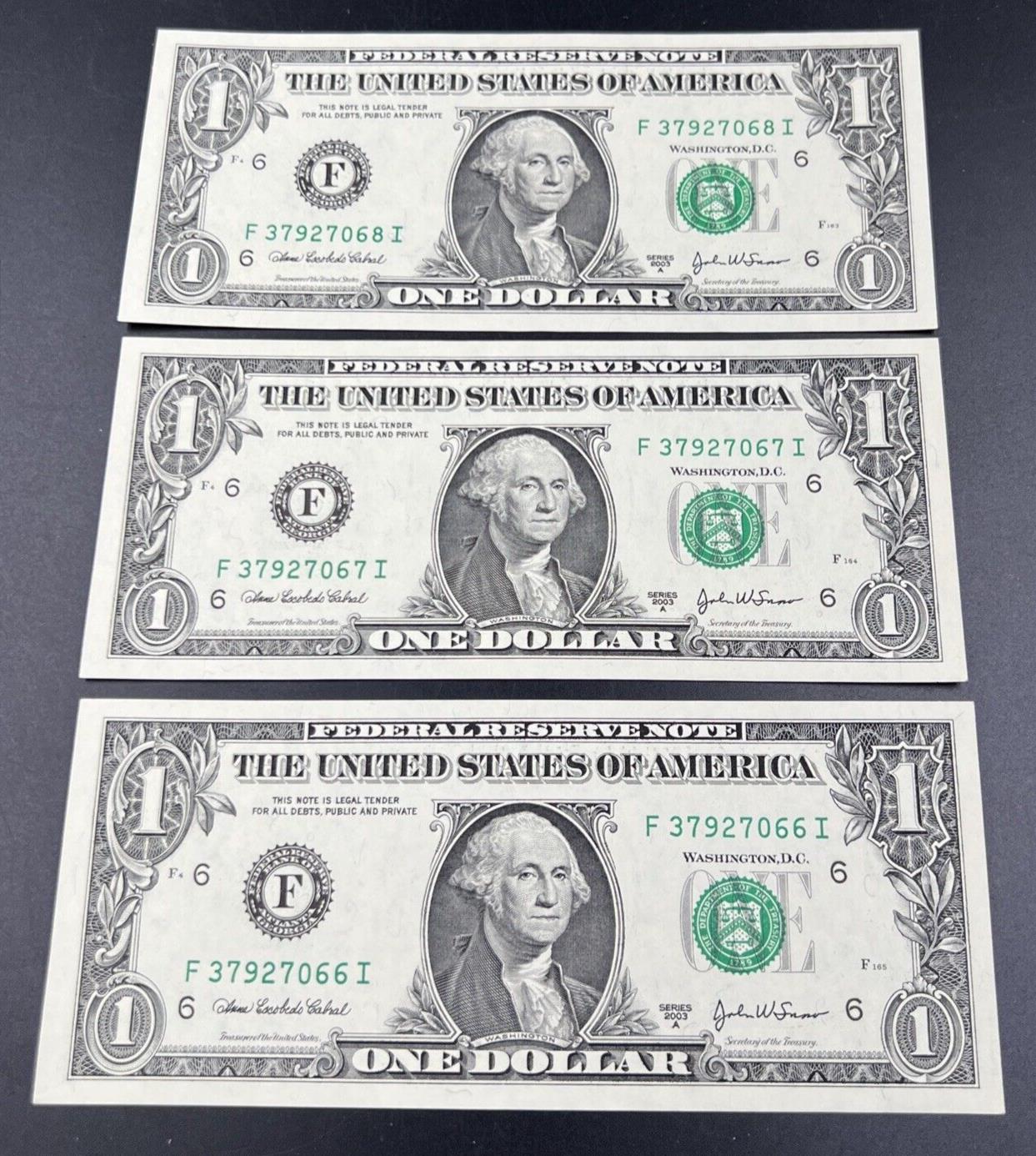 Lot of 3 Consecutive 2003 A $1 FRN One Dollar Federal Reserve Note Choice UNC