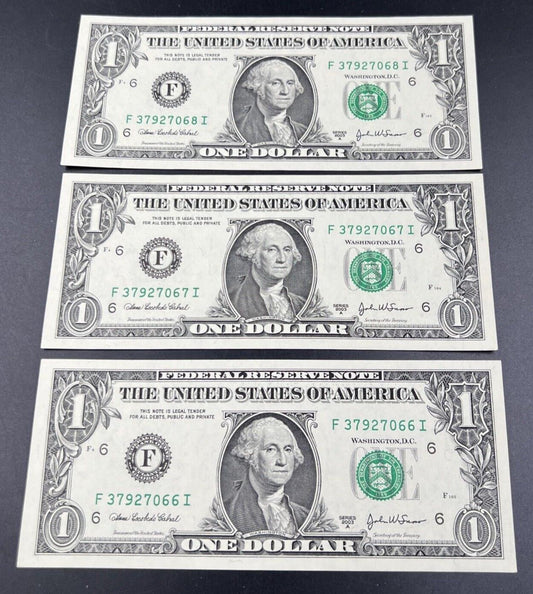 Lot of 3 Consecutive 2003 A $1 FRN One Dollar Federal Reserve Note Choice UNC