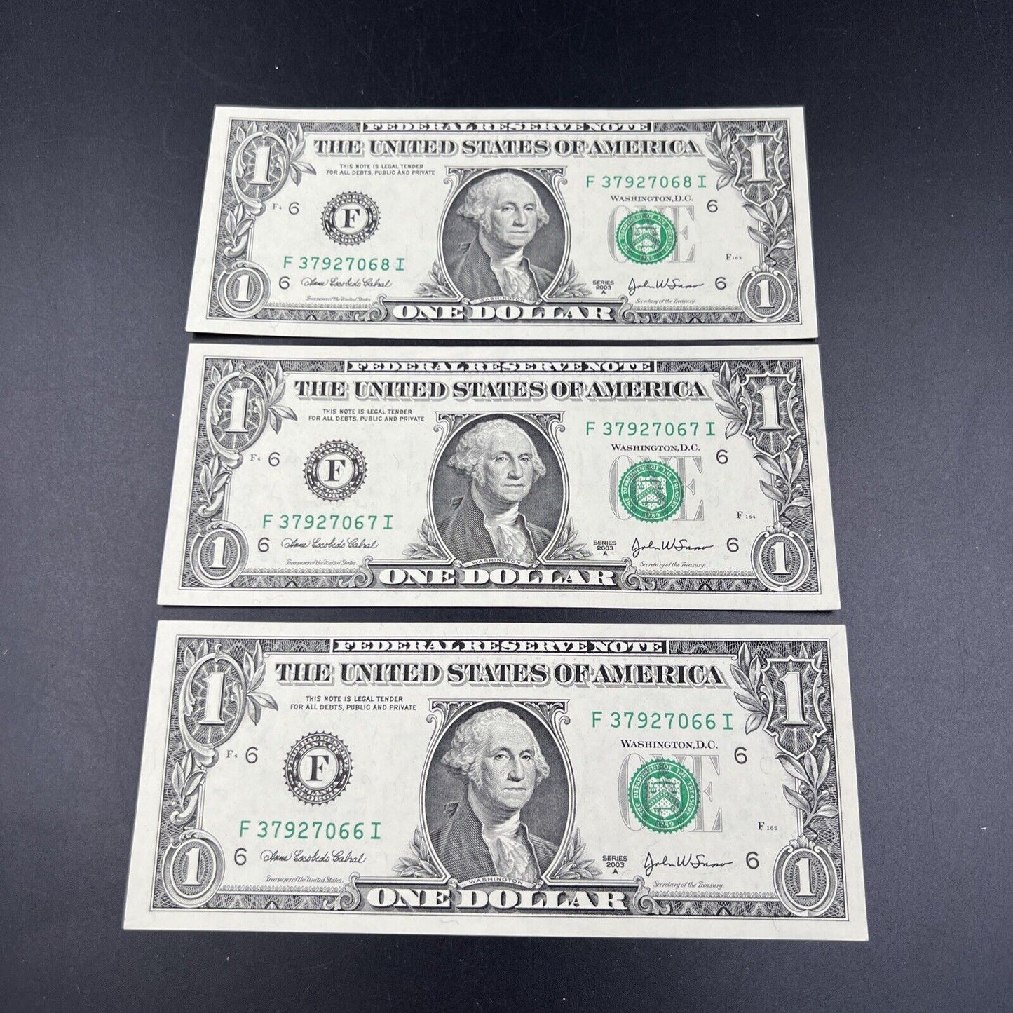 Lot of 3 Consecutive 2003 A $1 FRN One Dollar Federal Reserve Note Choice UNC