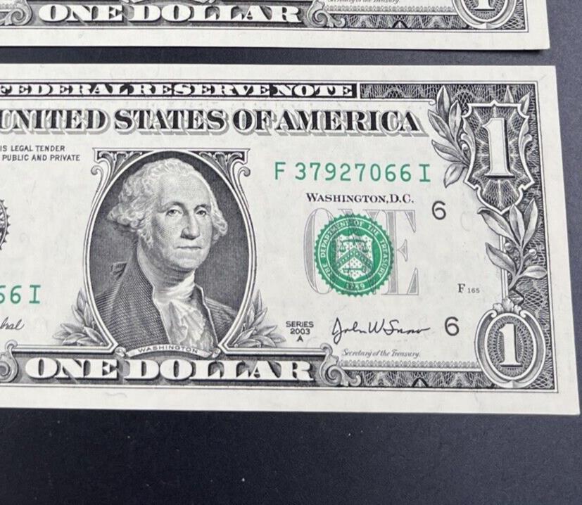 Lot of 3 Consecutive 2003 A $1 FRN One Dollar Federal Reserve Note Choice UNC