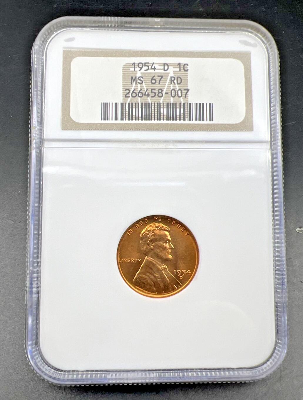 1954 D Lincoln Wheat Cent Penny Coin NGC MS67 RD #007 (Some Toning)
