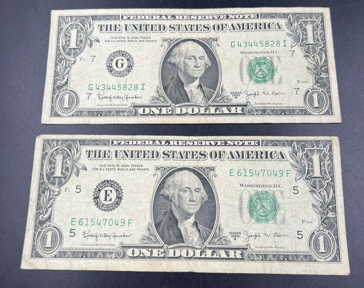 Lot of 2 1963 B $1 Barr Series Federal Reserve Note Bills CH VG Circ #049