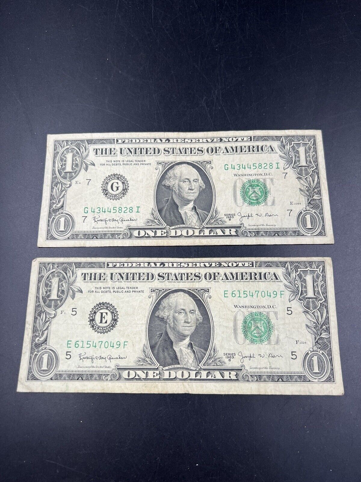 Lot of 2 1963 B $1 Barr Series Federal Reserve Note Bills CH VG Circ #049