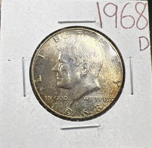 1968 D 50c Kennedy Silver Half Dollar Coin CH BU Neat Toning Toner