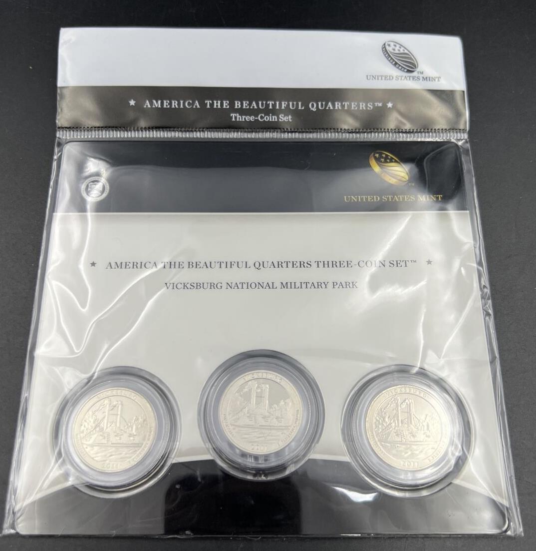 2011 Vicksburg 3 Coin P D S Business & Proof ATB Quarter Set US Mint OGP Sealed