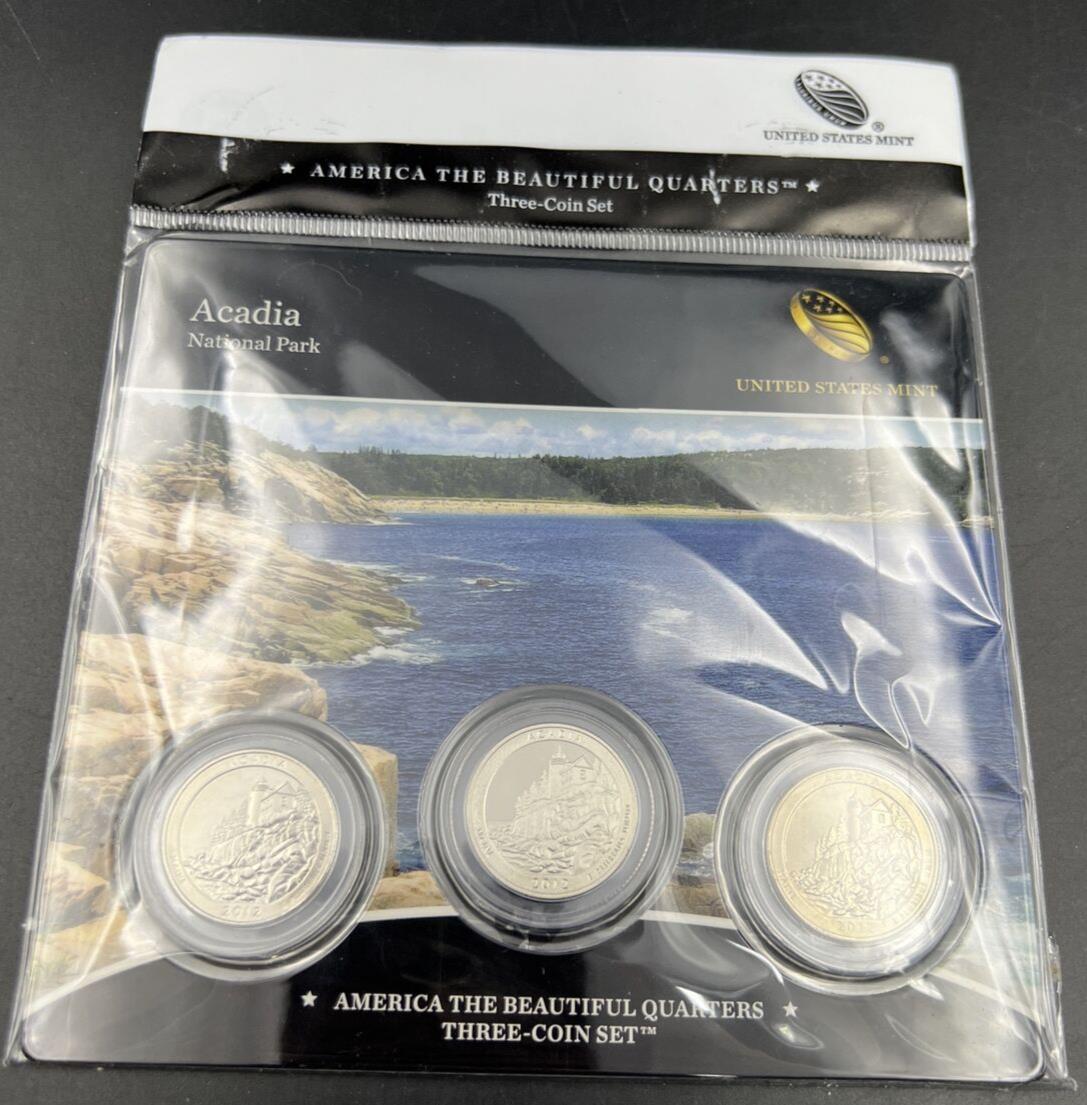 2012 Acadia 3 Coin P D S Business & Proof ATB Quarter Set US Mint OGP Sealed