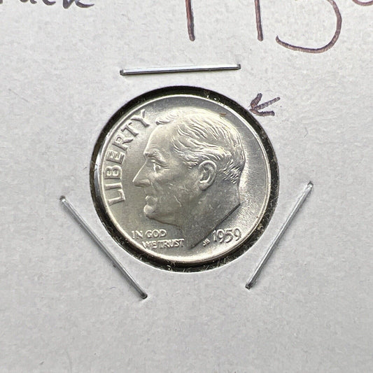 1959 10c Roosevelt Silver Dime CH AU / CU w/ Die Crack Variety Obverse
