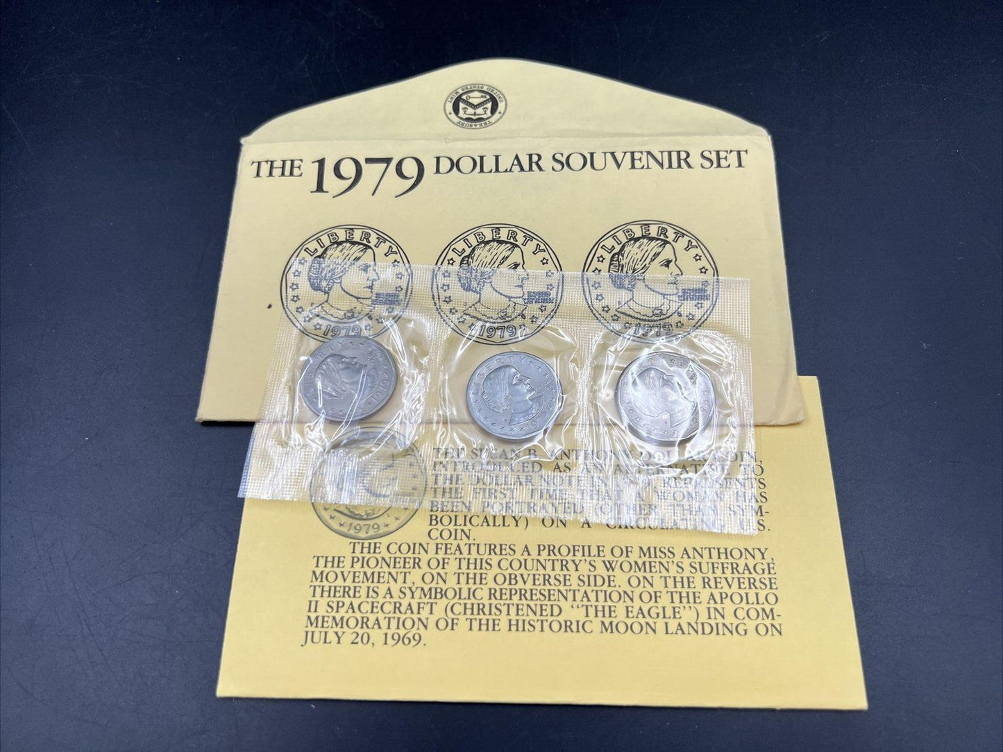 1979 3 Coin BU Set SBA Susan B Anthony Dollar Souvenir Yellow Envelope BU OGP