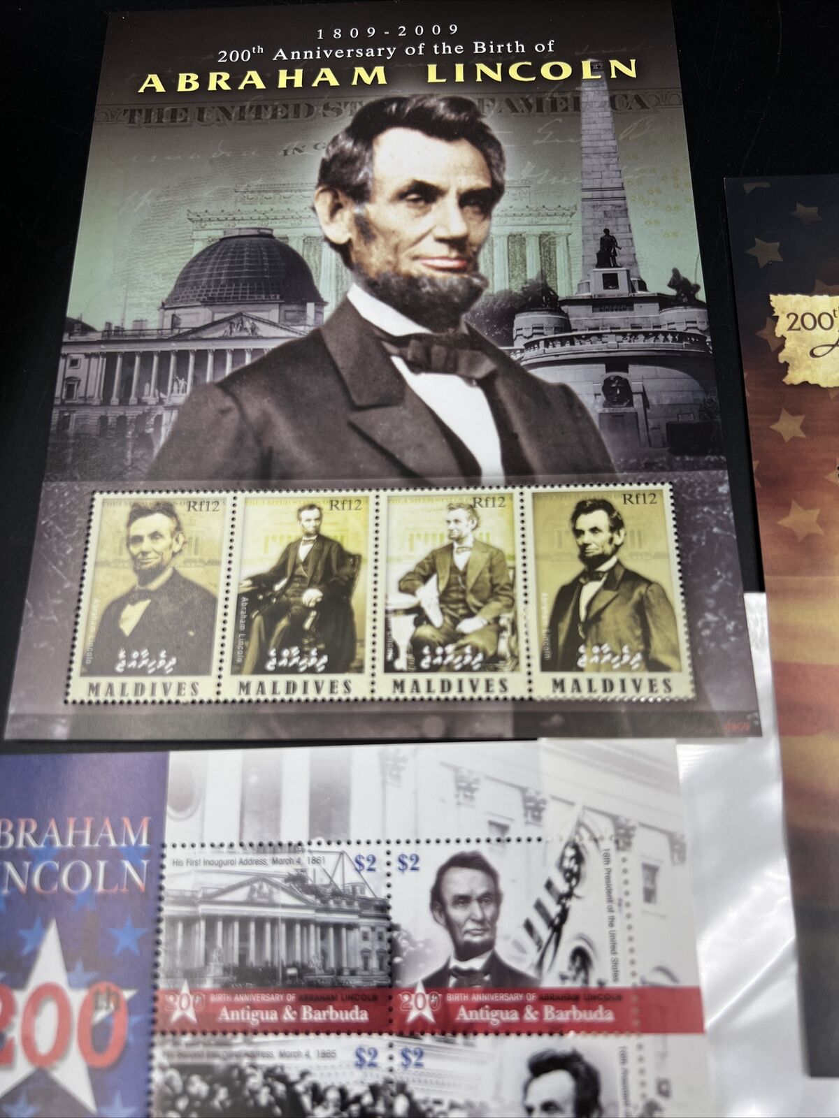 Lot of 5 Collectable Abe Lincoln and Obama Stamp Sheets Antigua Barbuda Tuvalu