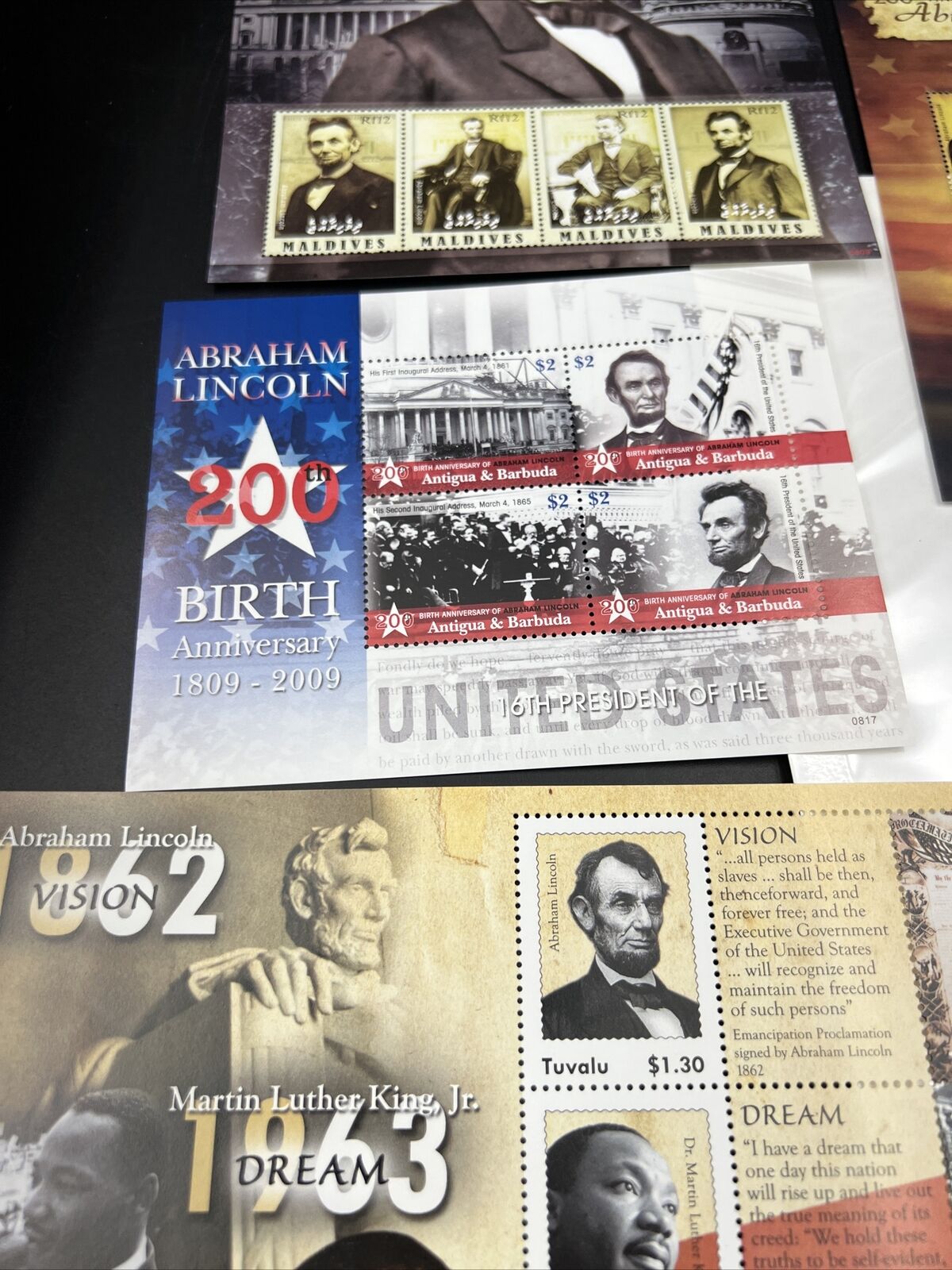 Lot of 5 Collectable Abe Lincoln and Obama Stamp Sheets Antigua Barbuda Tuvalu