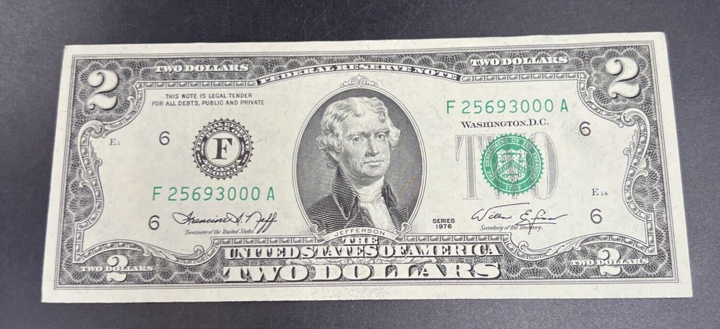 1976 $2 Two Dollar Bicentennial Bill Federal Reserve Notes CH UNC #000