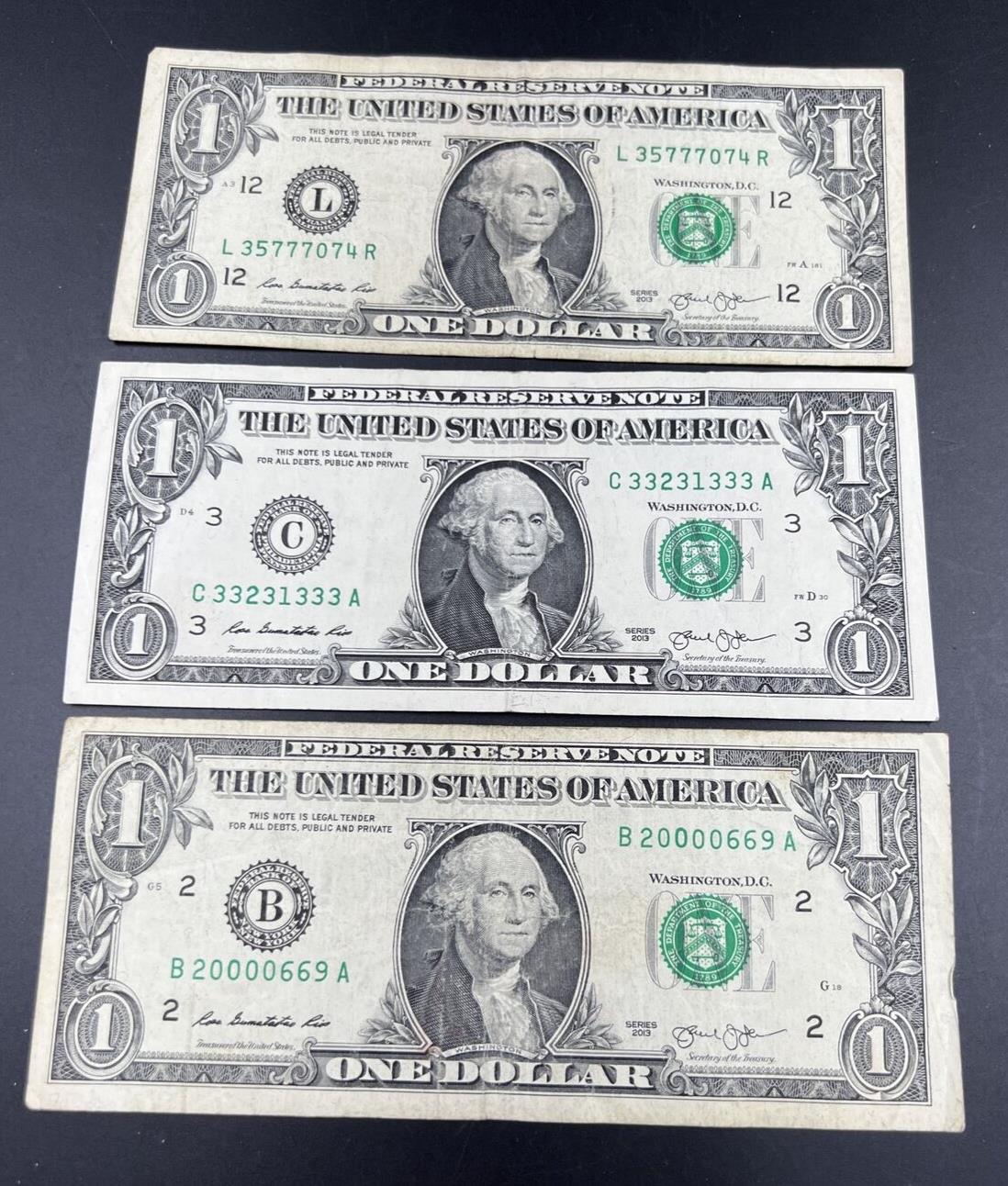 Lot of 3 2013 $1 One Dollar FRN Notes Neat Fancy Serial #s Circulated