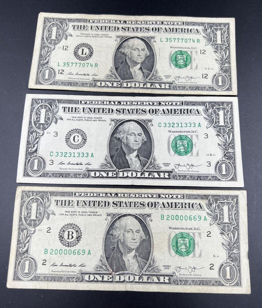 Lot of 3 2013 $1 One Dollar FRN Notes Neat Fancy Serial #s Circulated
