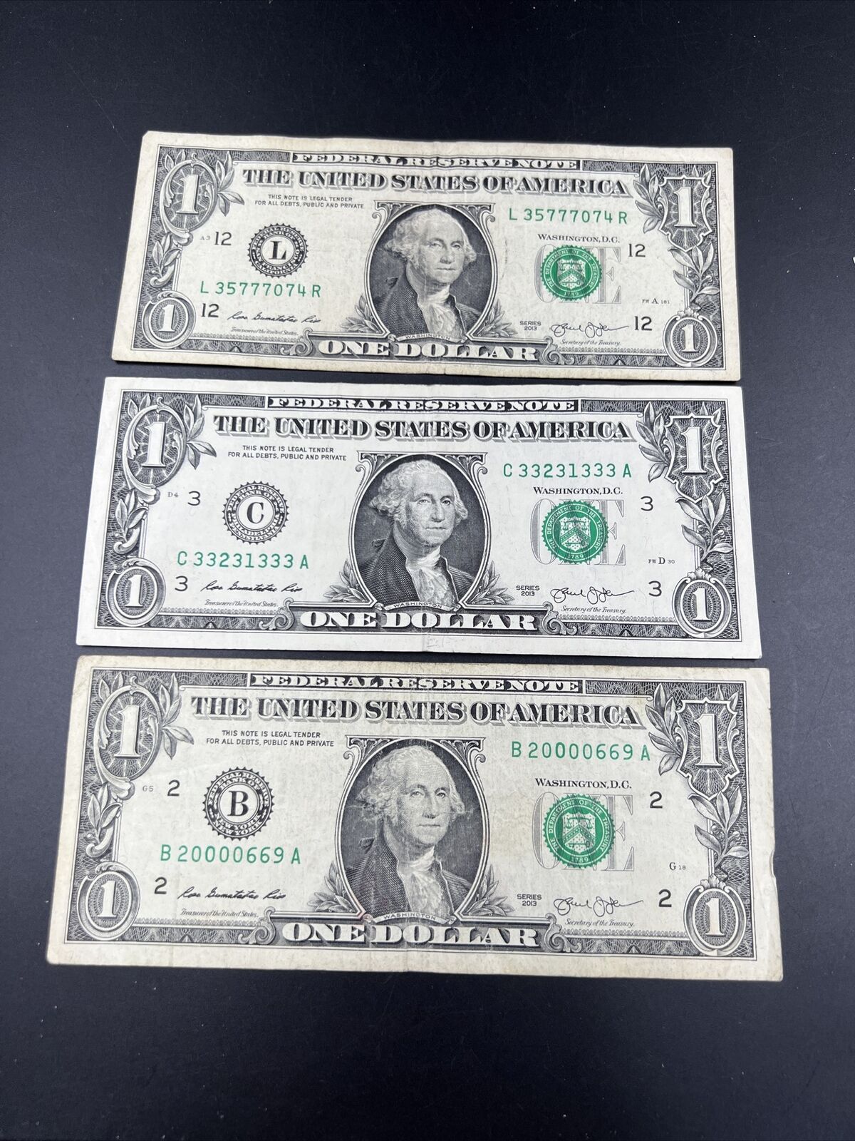 Lot of 3 2013 $1 One Dollar FRN Notes Neat Fancy Serial #s Circulated