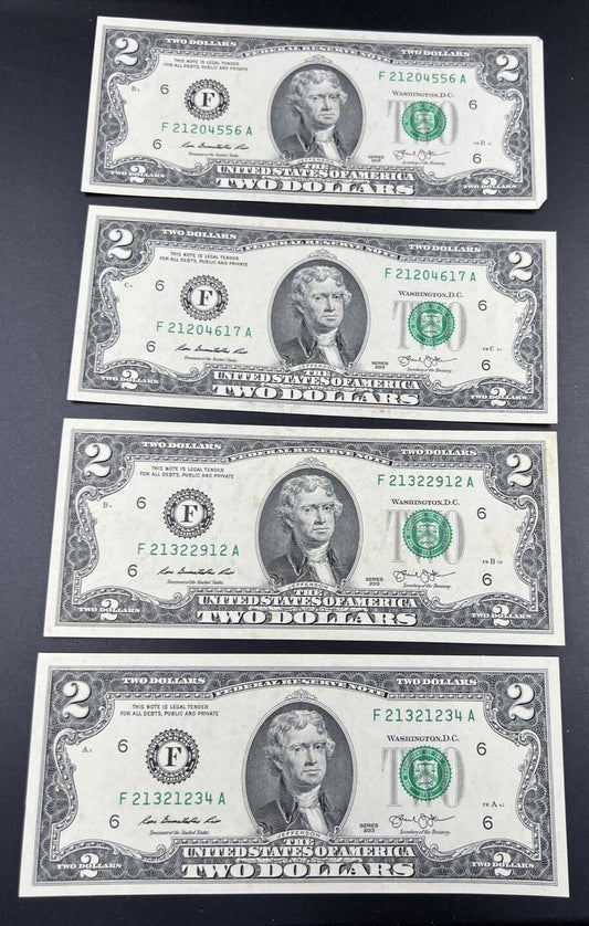 Lot of 4 2013 $2 Two Dollar FRN Federal Reserve Notes AU