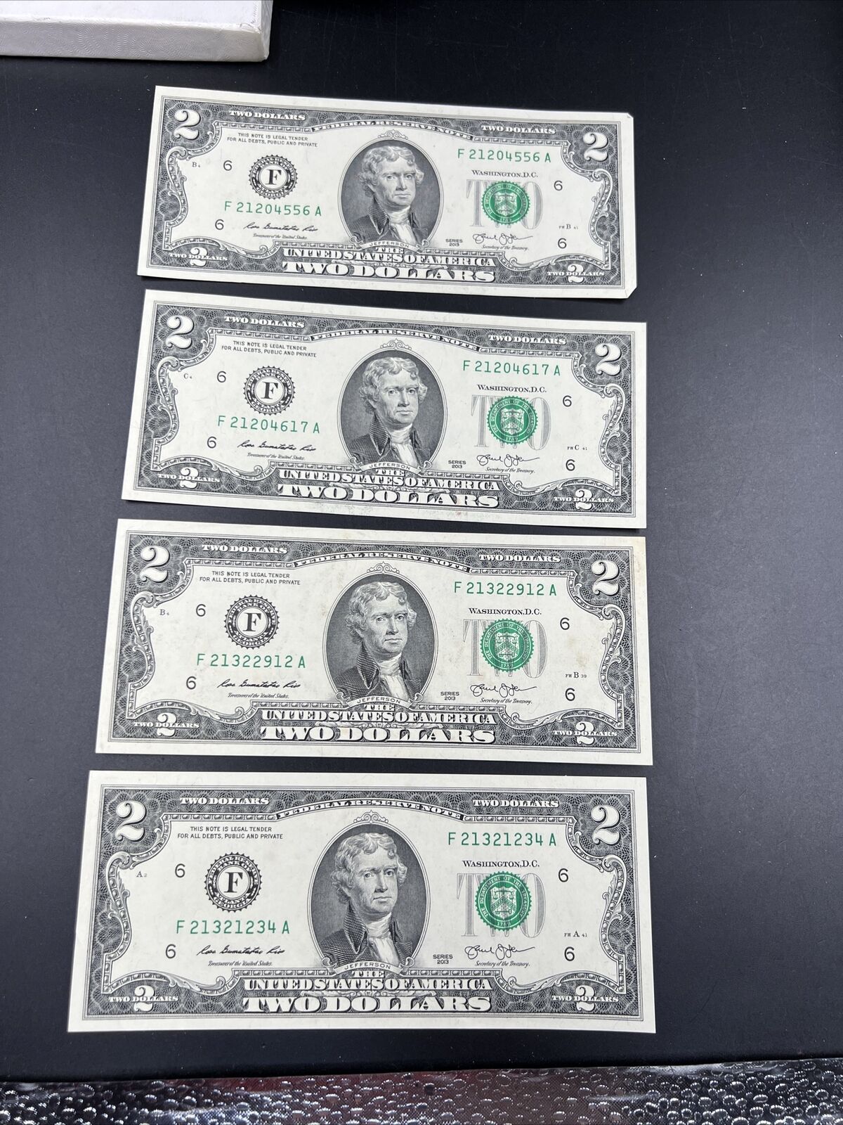 Lot of 4 2013 $2 Two Dollar FRN Federal Reserve Notes AU