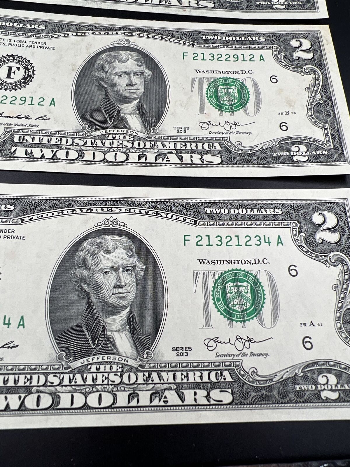 Lot of 4 2013 $2 Two Dollar FRN Federal Reserve Notes AU