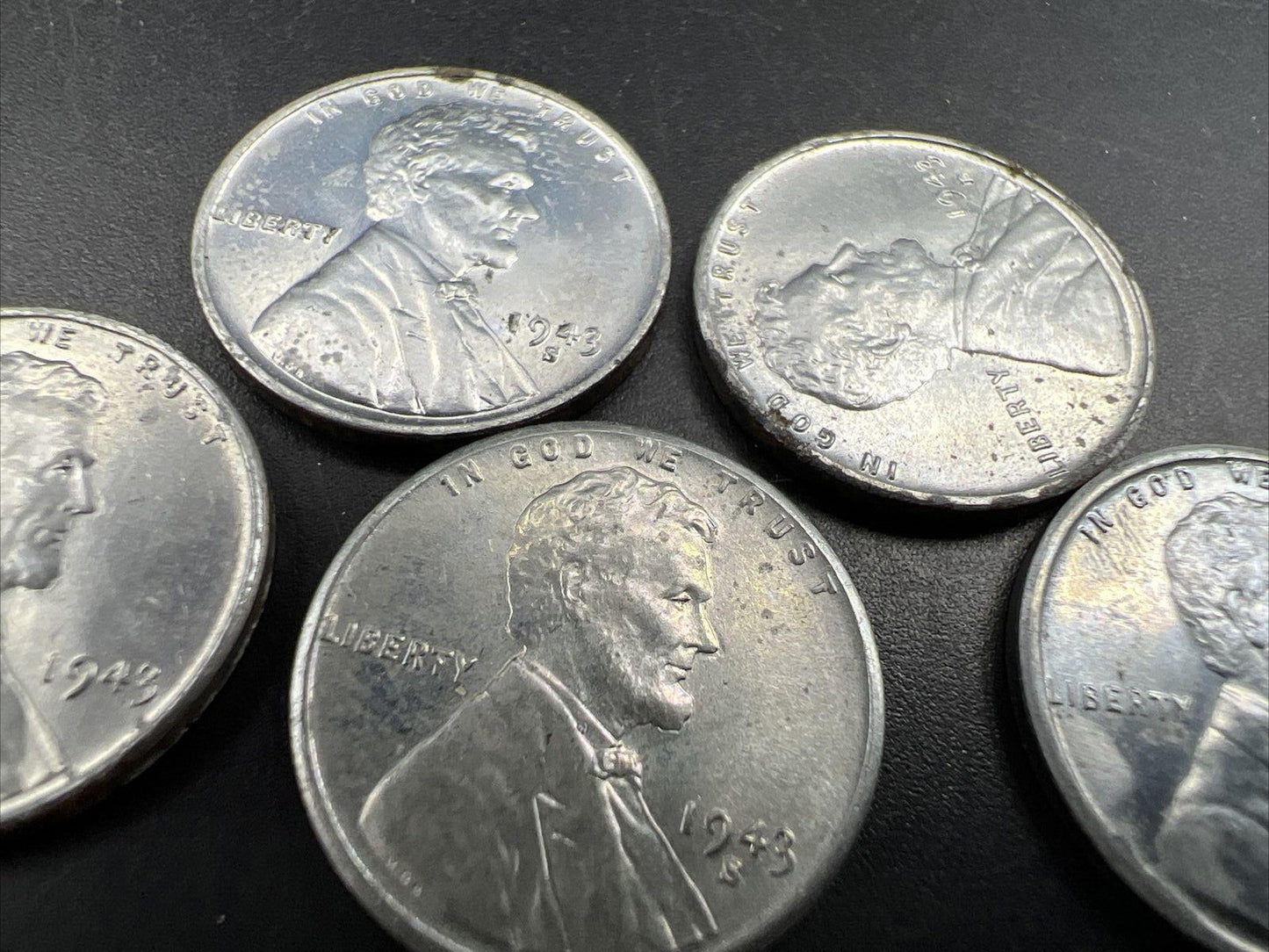 Lot of 5 1943 P & 1943 S 1c Lincoln Steel Cents AU / UNC Details