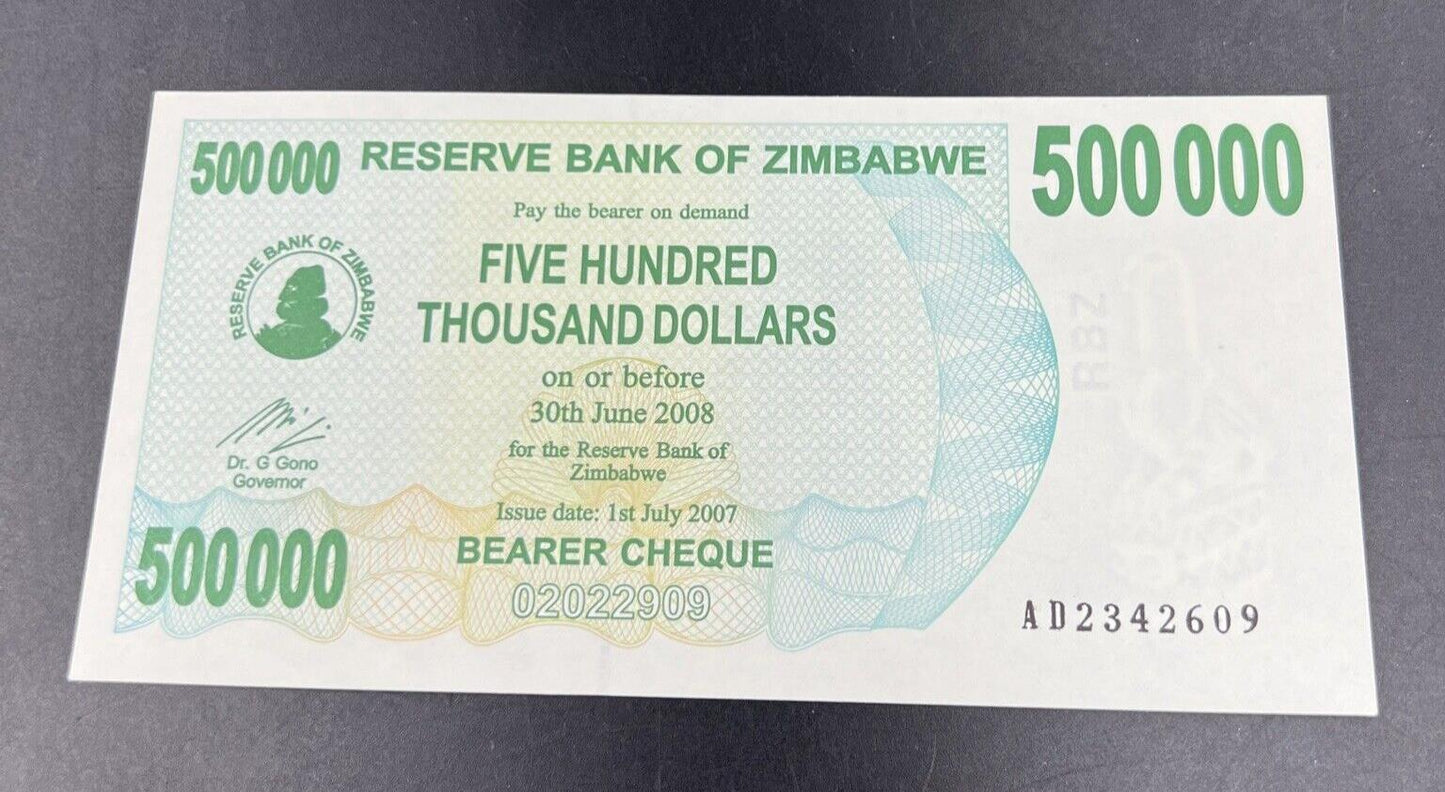 Zimbabwe 500000 Dollars Bearer Cheque 2007 P-51 Choice UNC Hyperinflation Bill