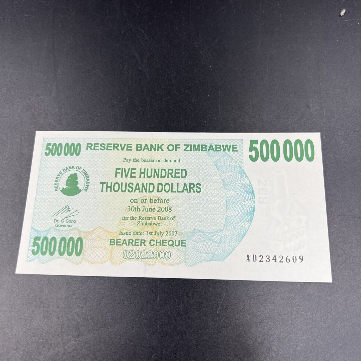 Zimbabwe 500000 Dollars Bearer Cheque 2007 P-51 Choice UNC Hyperinflation Bill