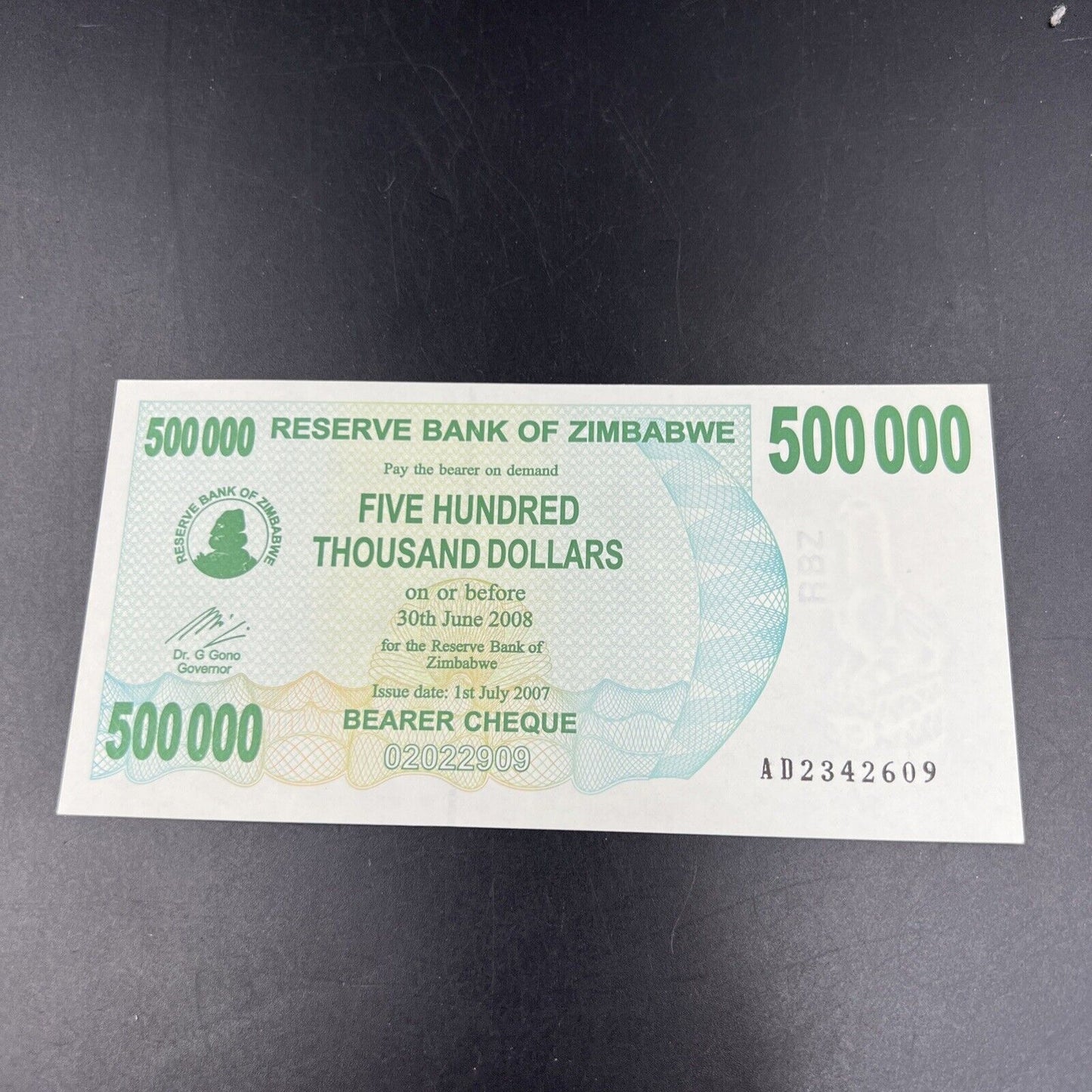 Zimbabwe 500000 Dollars Bearer Cheque 2007 P-51 Choice UNC Hyperinflation Bill