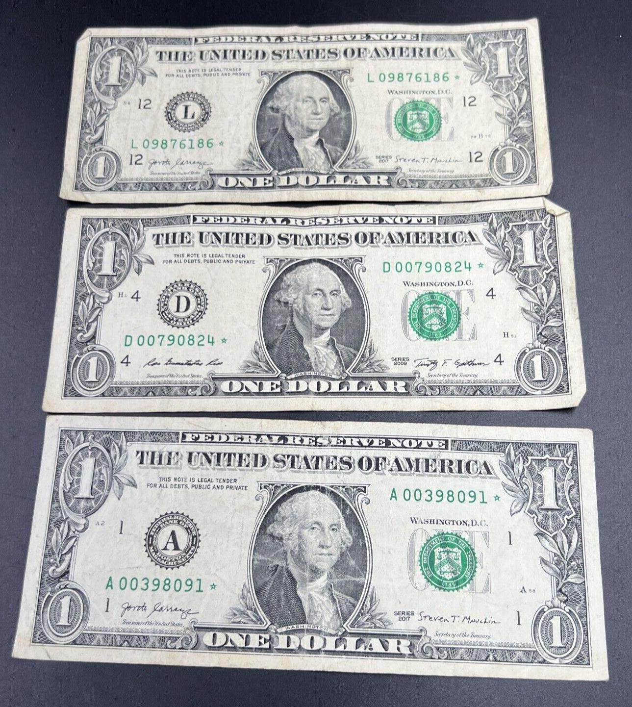 Lot of 3 2017 2009 $1 FRN Federal Reserve Star Notes Circulated