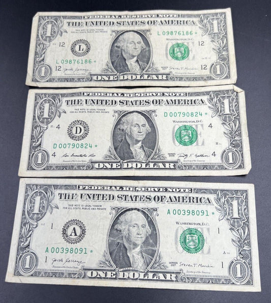 Lot of 3 2017 2009 $1 FRN Federal Reserve Star Notes Circulated