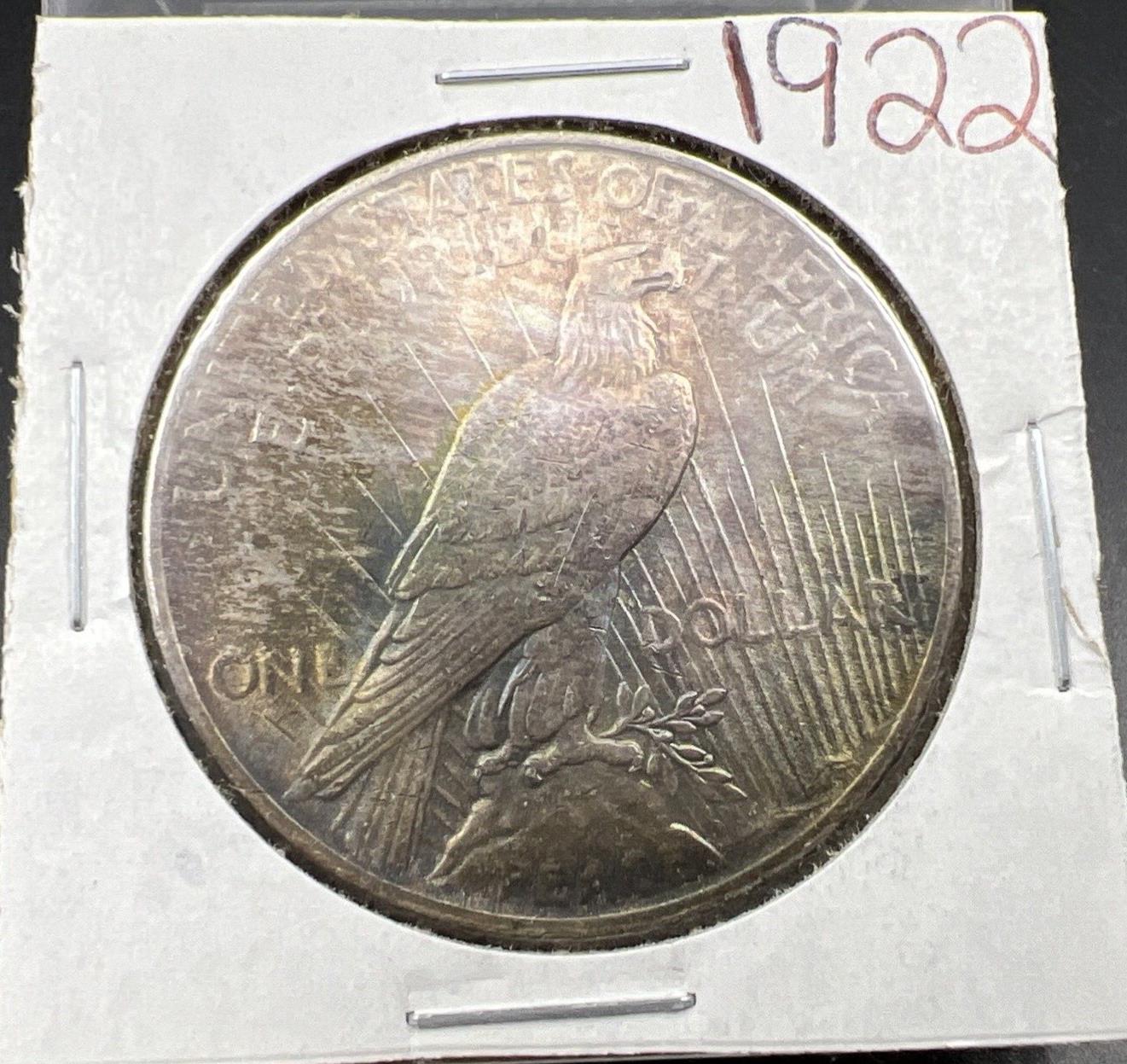 1922 P $1 Peace Silver Dollar Coin Choice AU About UNC Nice Toning Toner
