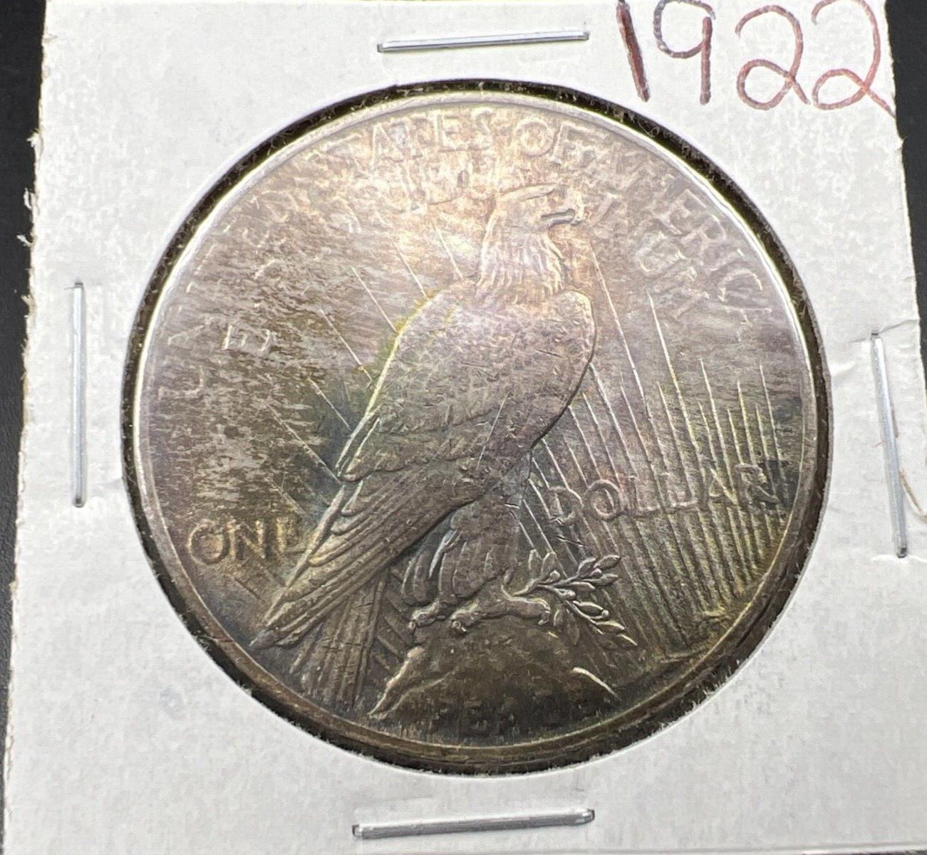 1922 P $1 Peace Silver Dollar Coin Choice AU About UNC Nice Toning Toner
