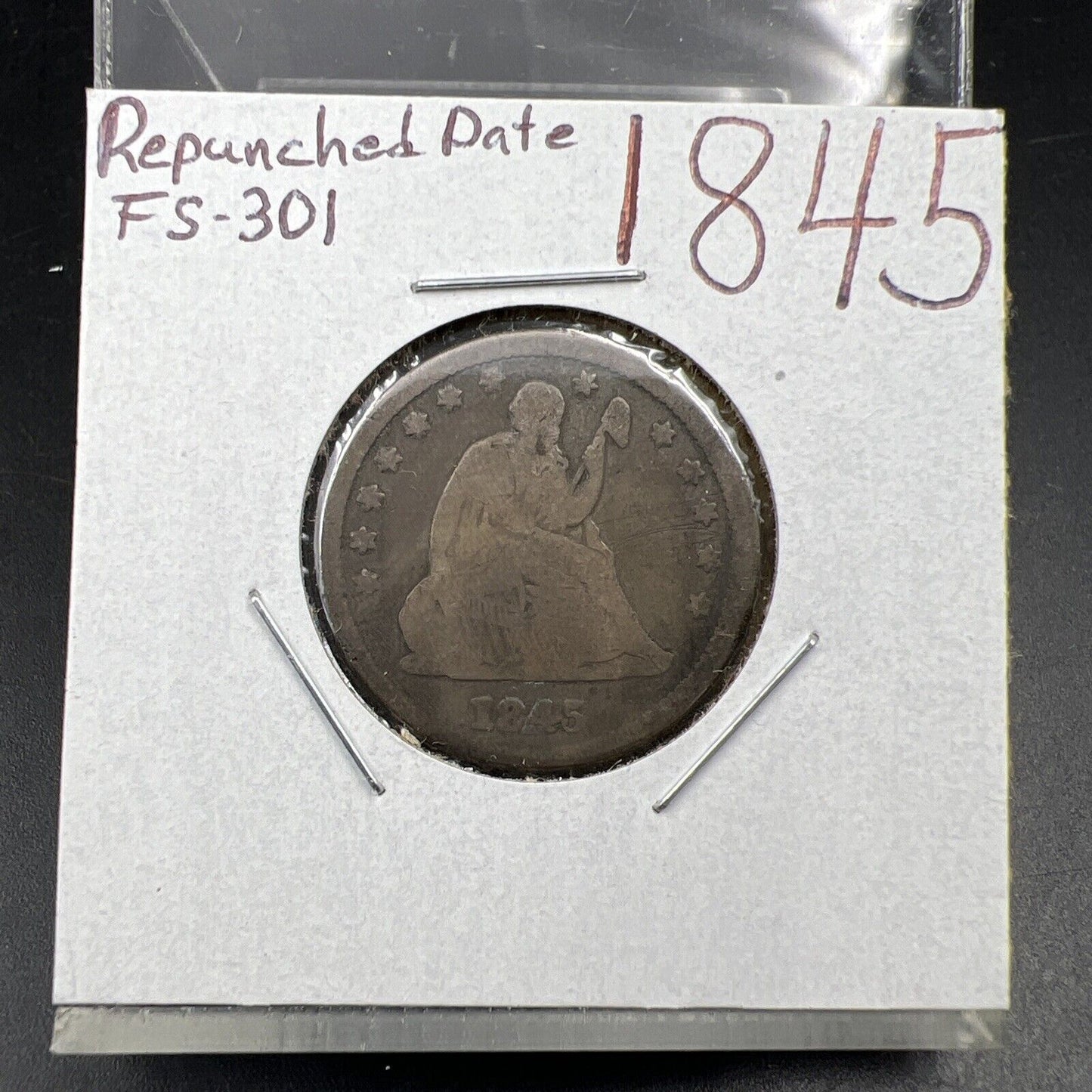 1845 Seated Liberty Quarter Coin G Good Circ FS-301 RPD Repunched Date Variety