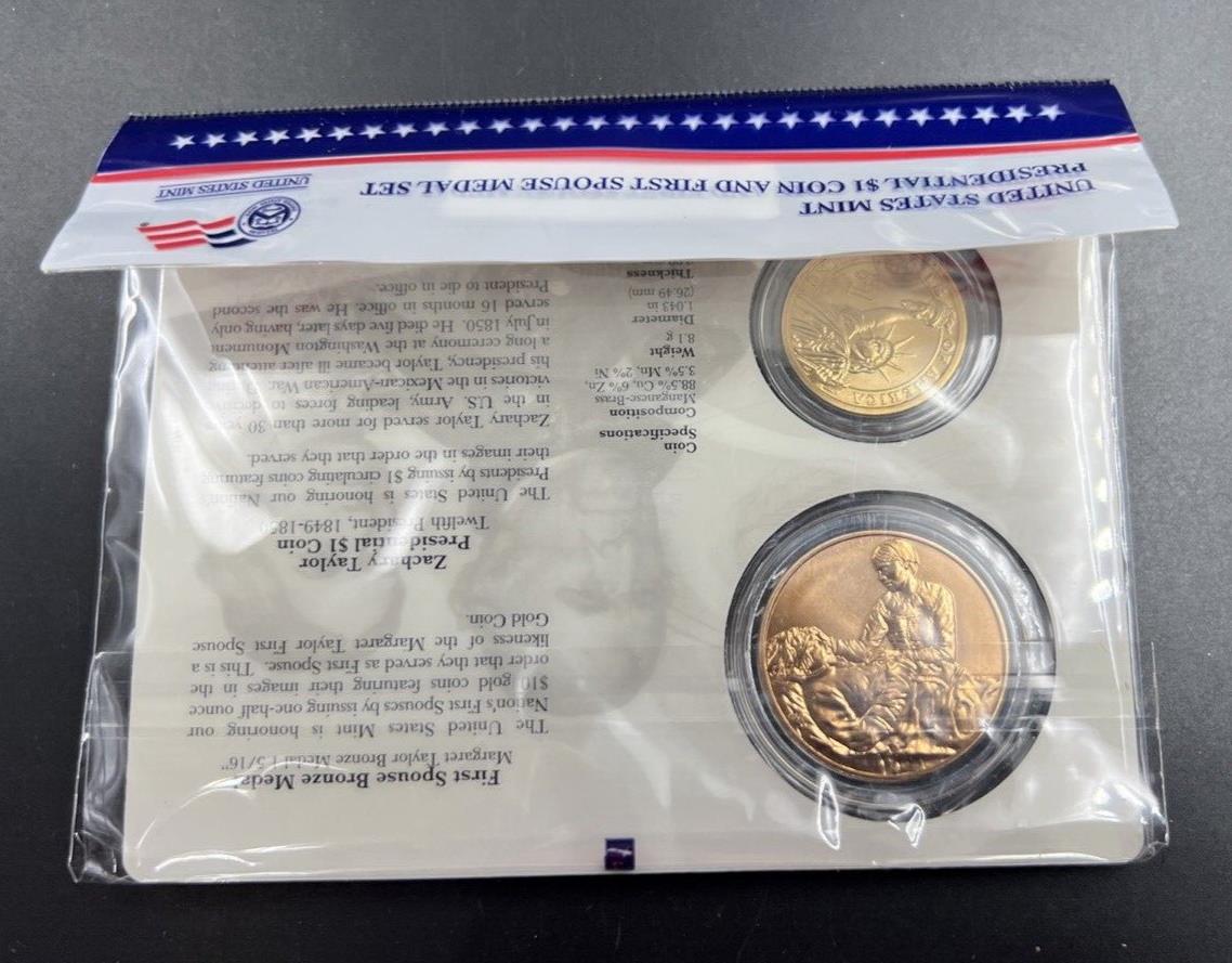 2009 Zachary & Margret Taylor Spouse $1 Presidential Coin & Medal Bronze Set OGP