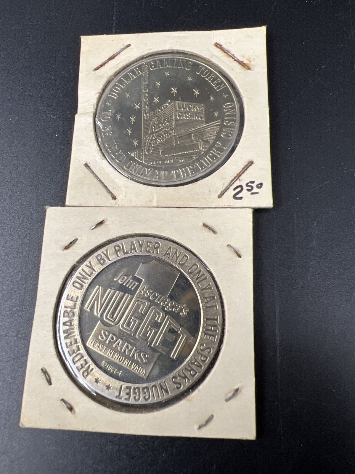 Lot of 2 Specimine / Proof Casino Tokens Sparks Nugget Reno & Lucky Las Vegas