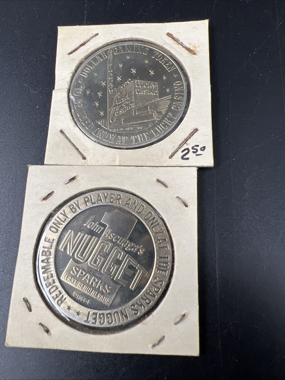 Lot of 2 Specimine / Proof Casino Tokens Sparks Nugget Reno & Lucky Las Vegas