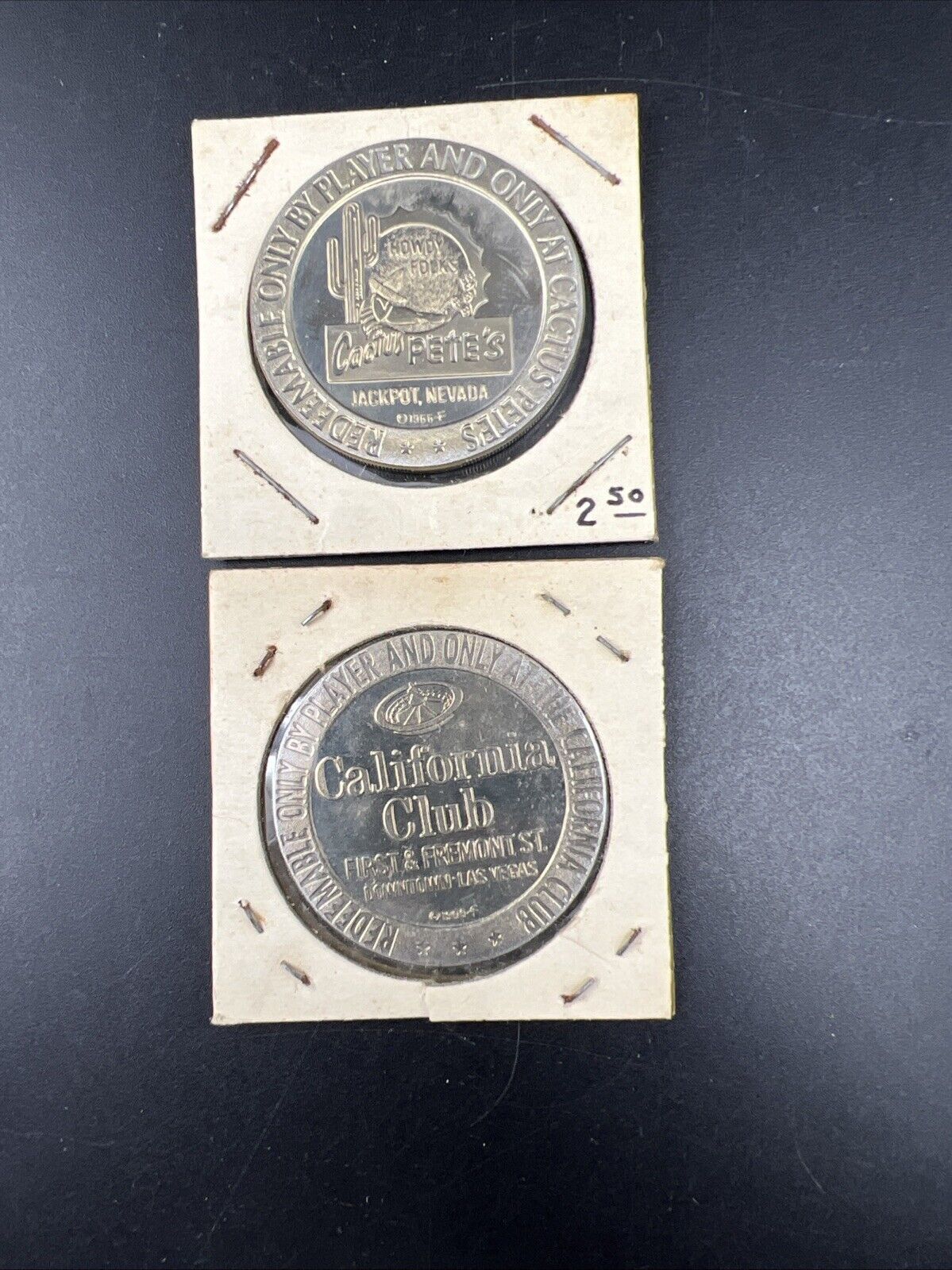 Lot of 2 Specimine Proof Casino Tokens Cal Bear California Club & Cactus Pete's
