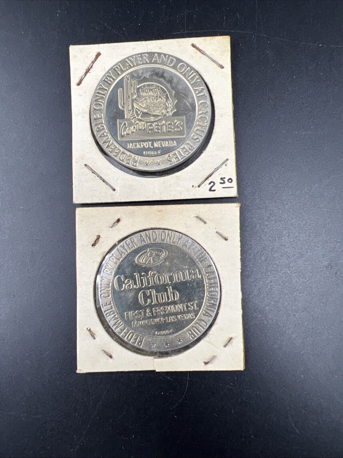 Lot of 2 Specimine Proof Casino Tokens Cal Bear California Club & Cactus Pete's