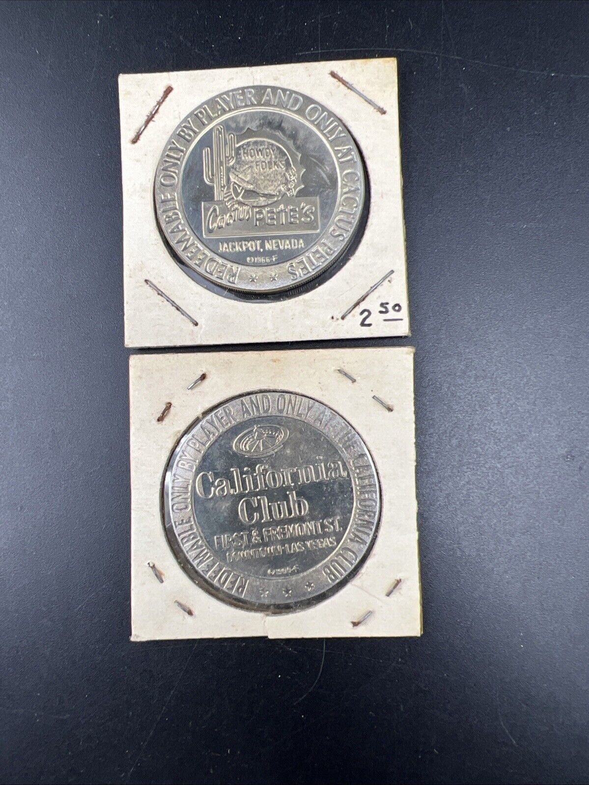 Lot of 2 Specimine Proof Casino Tokens Cal Bear California Club & Cactus Pete's