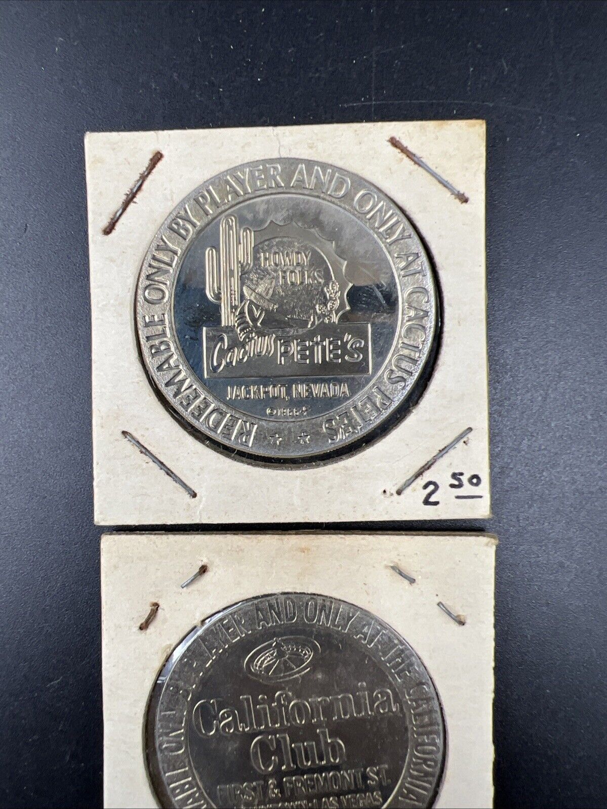 Lot of 2 Specimine Proof Casino Tokens Cal Bear California Club & Cactus Pete's