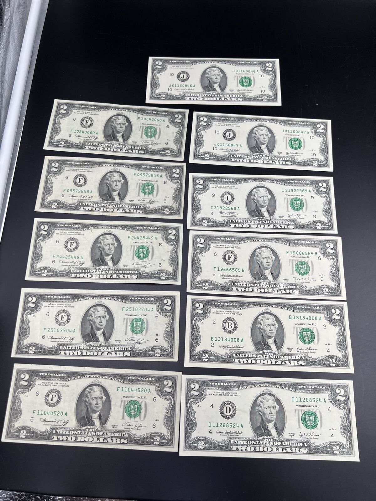 11 Note $2 Two Dollar Bill Collector's Set Years 1976 1995 2003 FRNs VF+ Circ #P