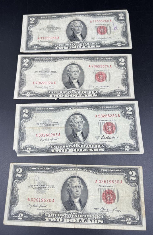 4 Note Set A B C 1953 $2 Two Dollar Legal Tender Bills Set Avg Circ #9630