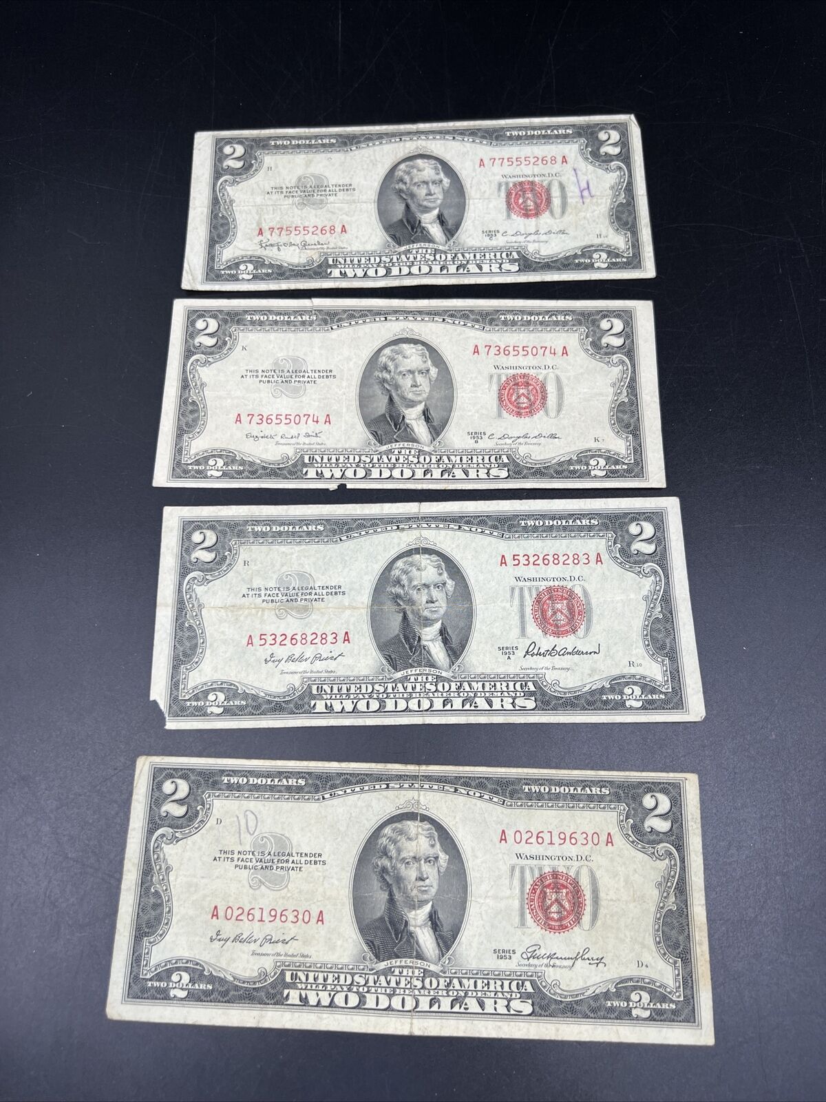 4 Note Set A B C 1953 $2 Two Dollar Legal Tender Bills Set Avg Circ #9630