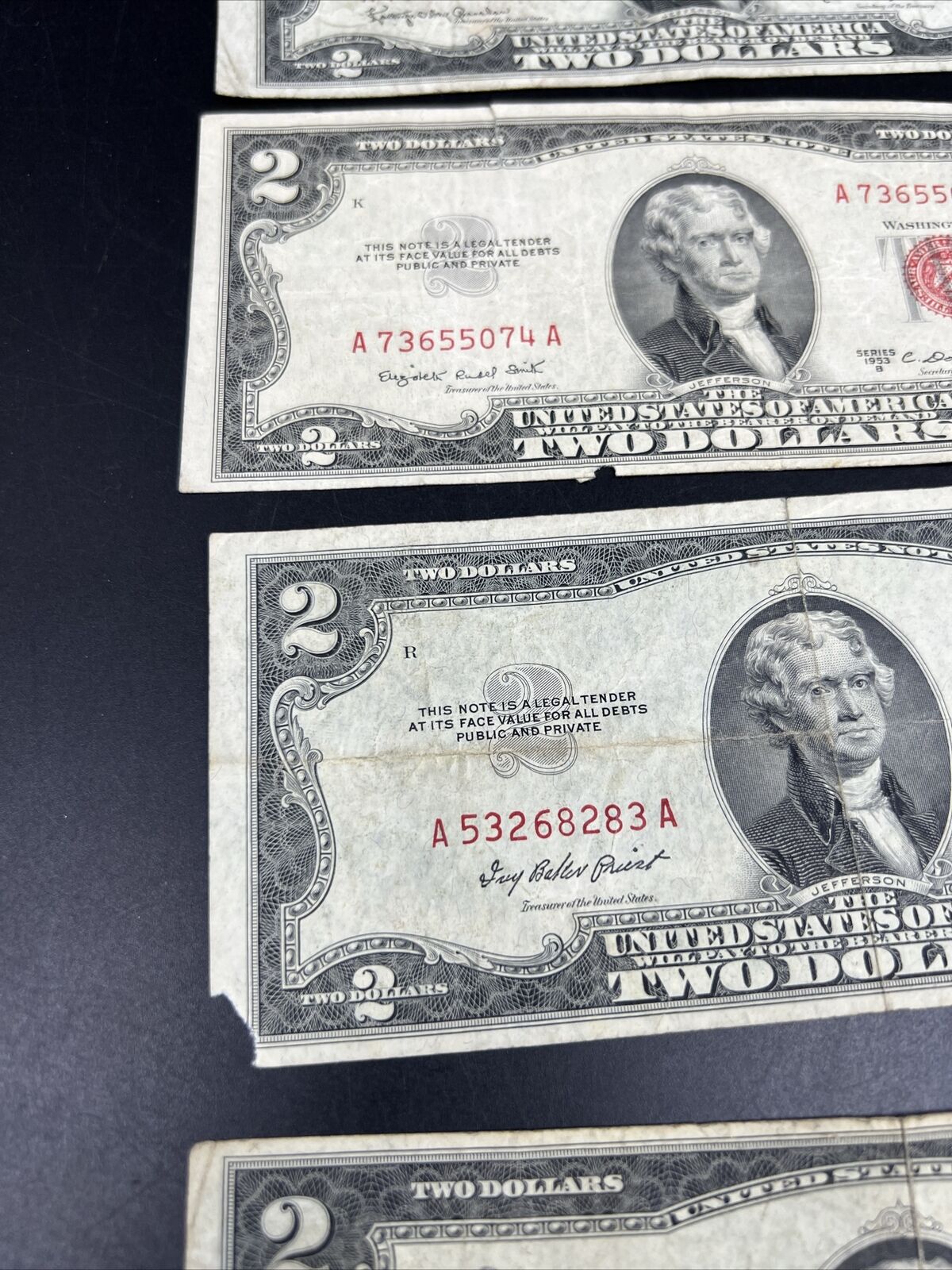 4 Note Set A B C 1953 $2 Two Dollar Legal Tender Bills Set Avg Circ #9630