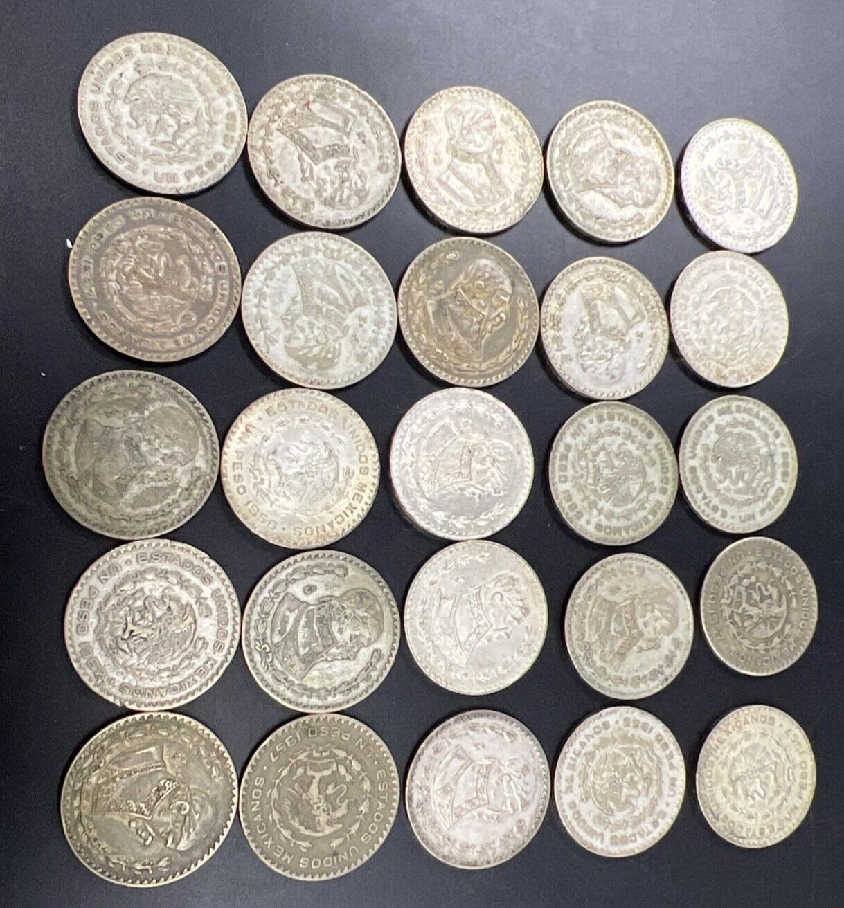 Roll of 25 0.0514 oz Mexico 10% Silver Un Peso Coins Average Circulated #B