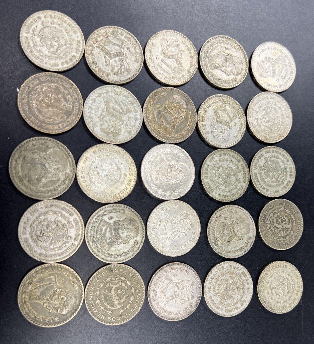 Roll of 25 0.0514 oz Mexico 10% Silver Un Peso Coins Average Circulated #B