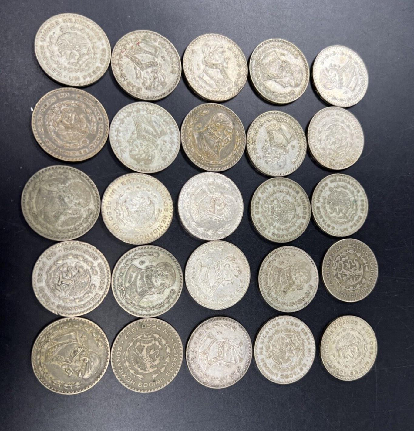 Roll of 25 0.0514 oz Mexico 10% Silver Un Peso Coins Average Circulated #B
