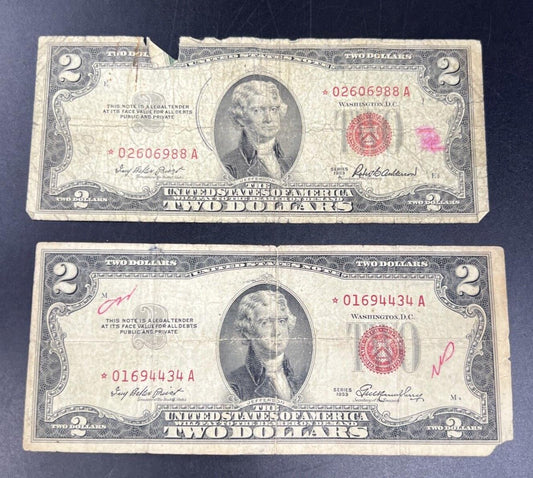 Lot of 2 1953 * Star $2 Two Dollar Red Seal USN Notes Cull circ