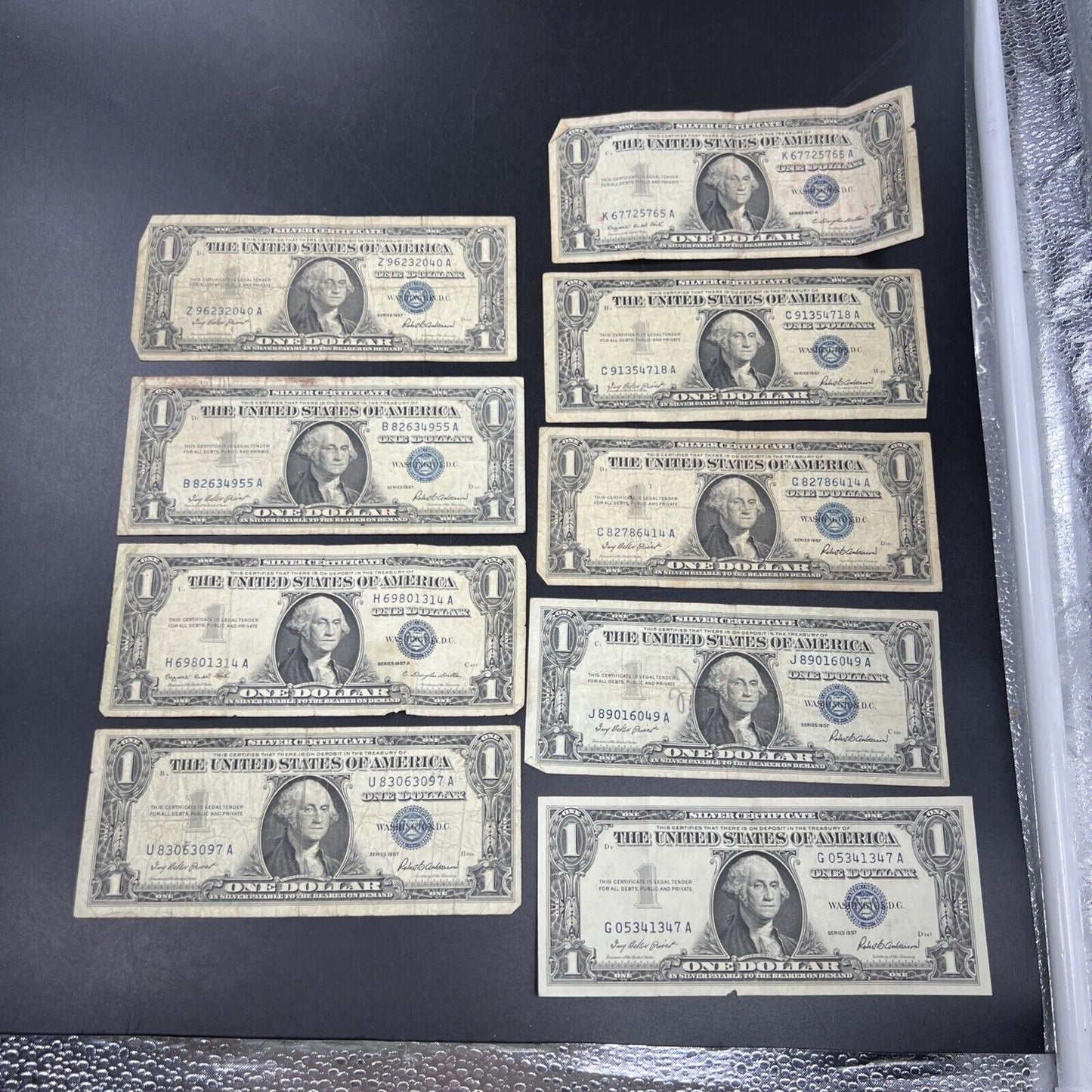 Lot of 9 1957 $1 One Dollar Blue Seal Silver Certificates Average Circulated #7A